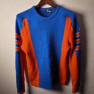Vintage Demetre Pure Virgin Wool Sweater Mens L Blue Orange Colorblock Ski Knit